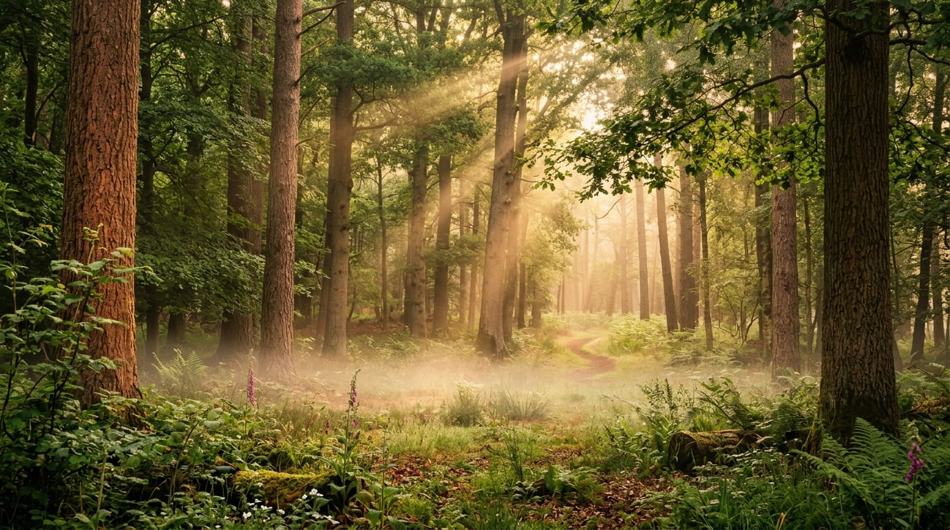Sonnenlicht scheint durch einen friedlichen Wald
